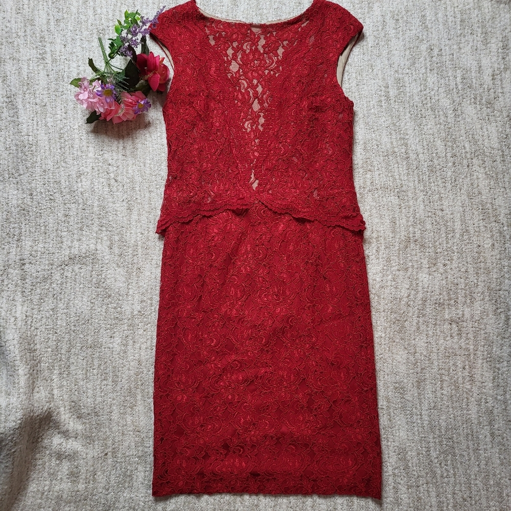 Lauren Ralph Lauren red lace cap sleeve midi dress
